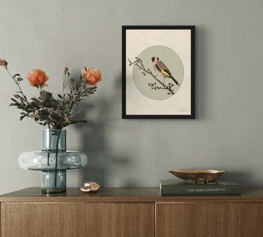 European Goldfinch (Carduelis carduelis) on Spring Blossom - 11" x 14" Framed Canvas